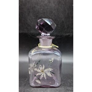 Vintage Hand Painted Art Glass Perfume Dresser Bottle Faceted Stopper Purple